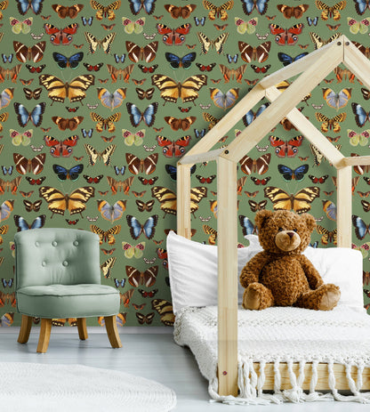 Botanical Green Peel and Stick Wallpaper with Butterflies