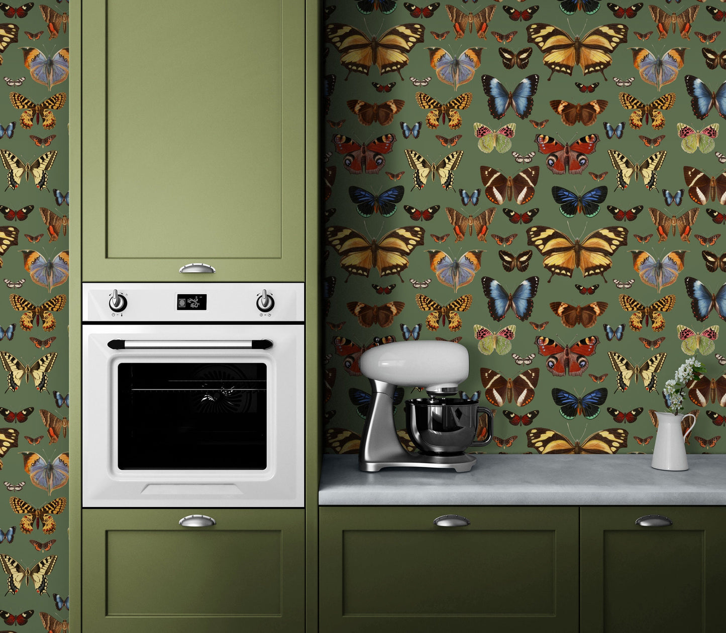 Botanical Green Peel and Stick Wallpaper with Butterflies