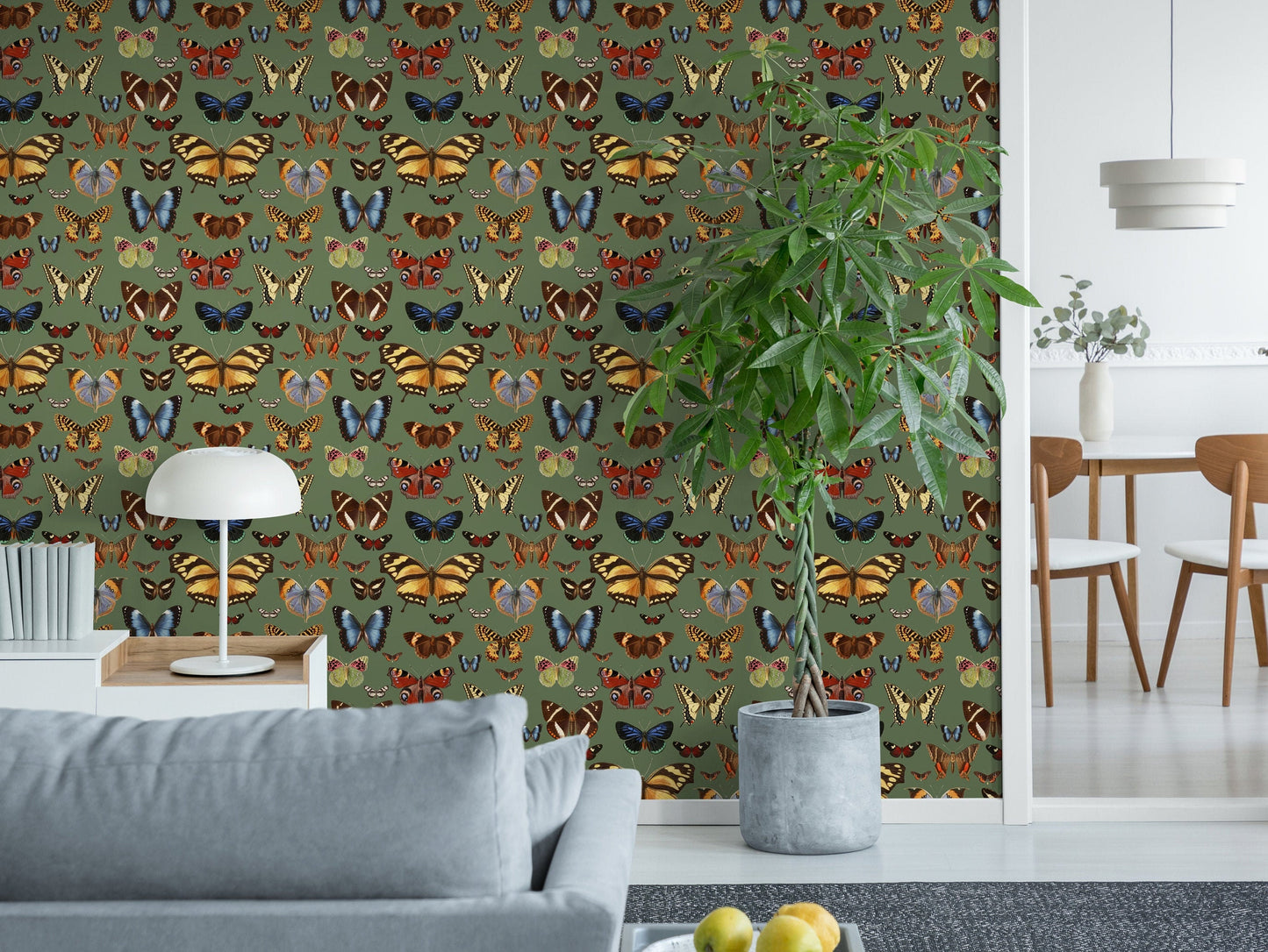 Botanical Green Peel and Stick Wallpaper with Butterflies