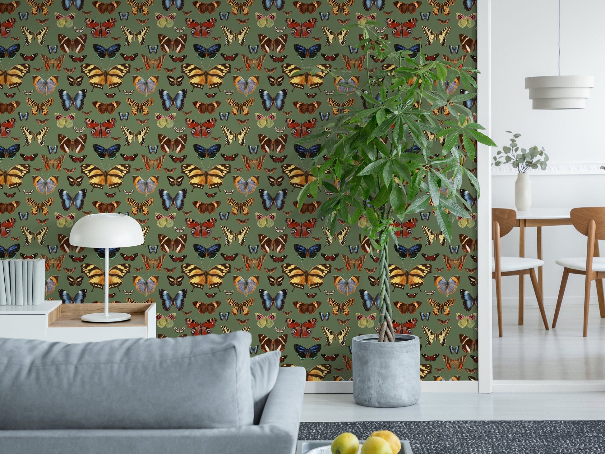 Botanical Green Peel and Stick Wallpaper with Butterflies