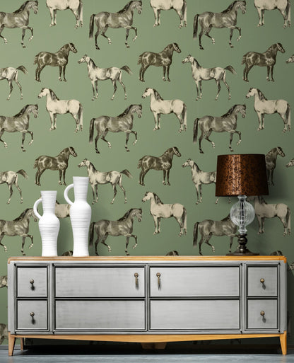 Sage Green Wallpaper with Horse