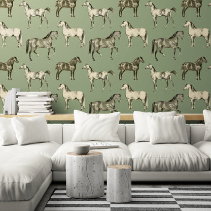 Sage Green Wallpaper with Horse