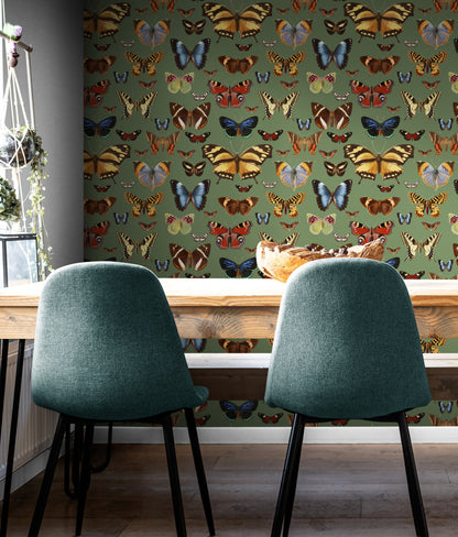 Botanical Green Peel and Stick Wallpaper with Butterflies