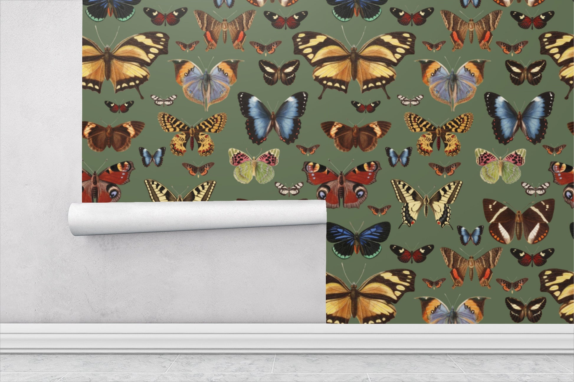 Botanical Green Peel and Stick Wallpaper with Butterflies