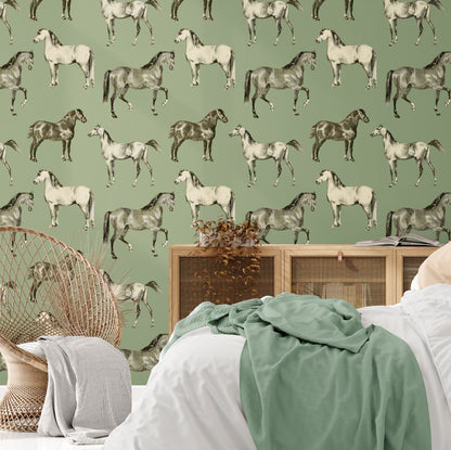 Sage Green Wallpaper with Horse