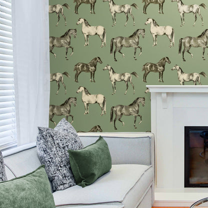 Sage Green Wallpaper with Horse