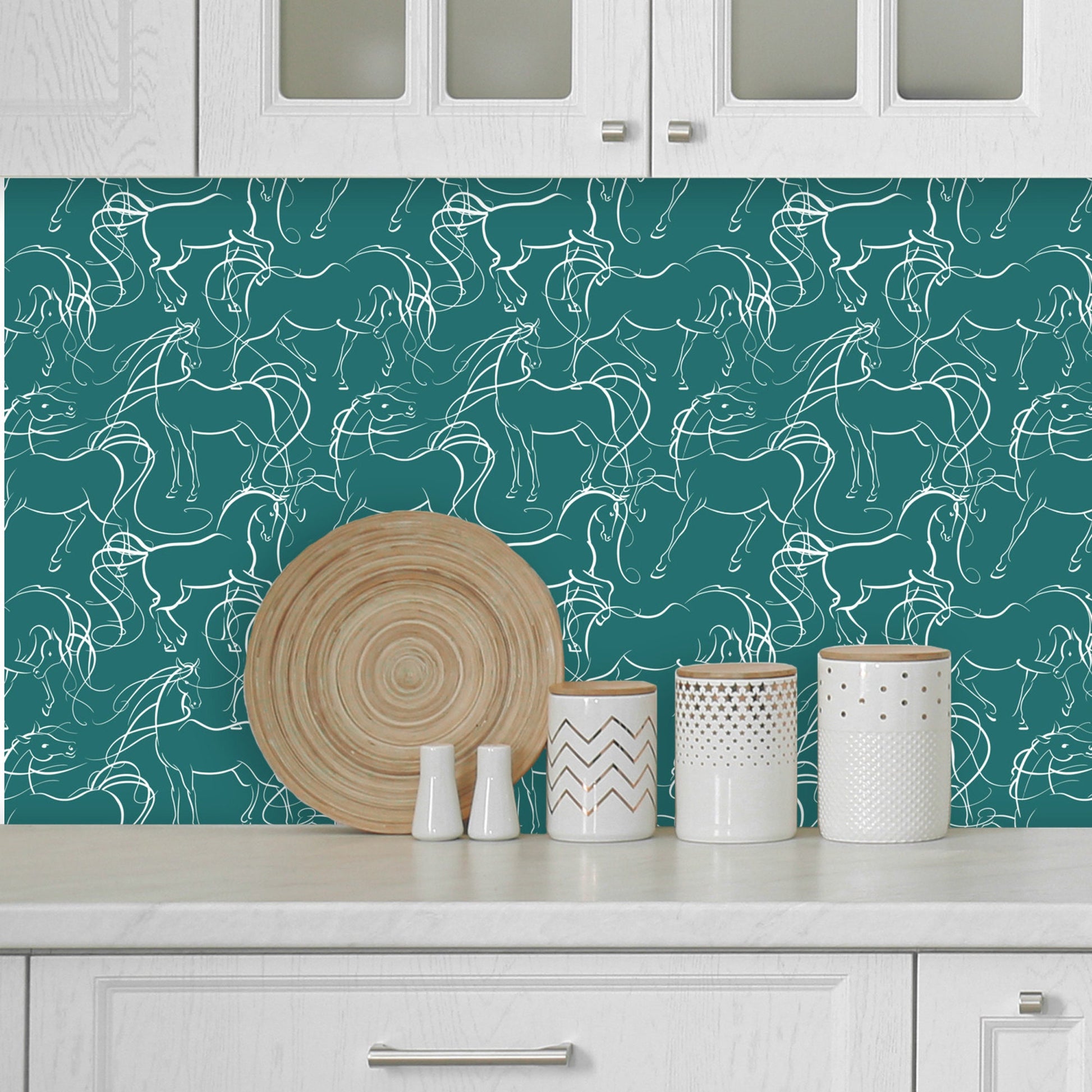 White Horse on Teal Peel and Stick Wallpaper