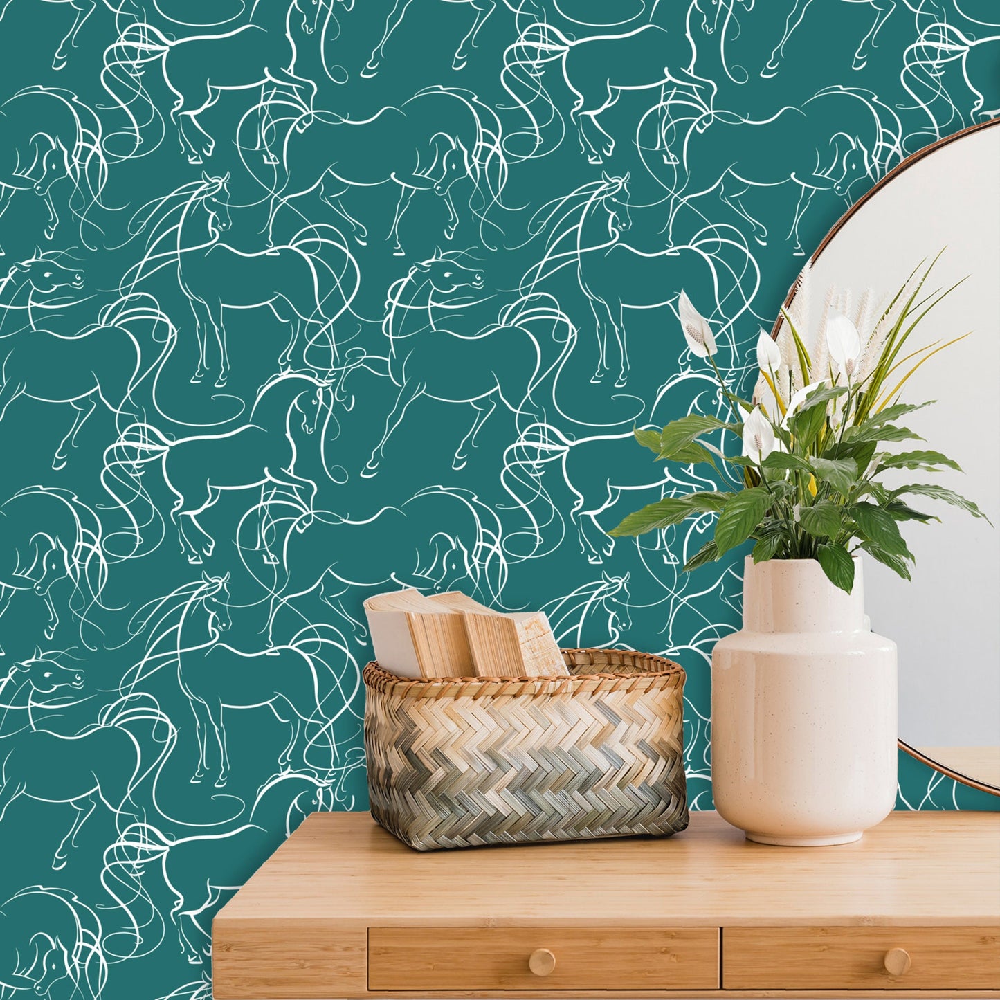 White Horse on Teal Peel and Stick Wallpaper