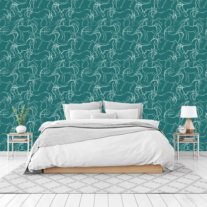 White Horse on Teal Peel and Stick Wallpaper