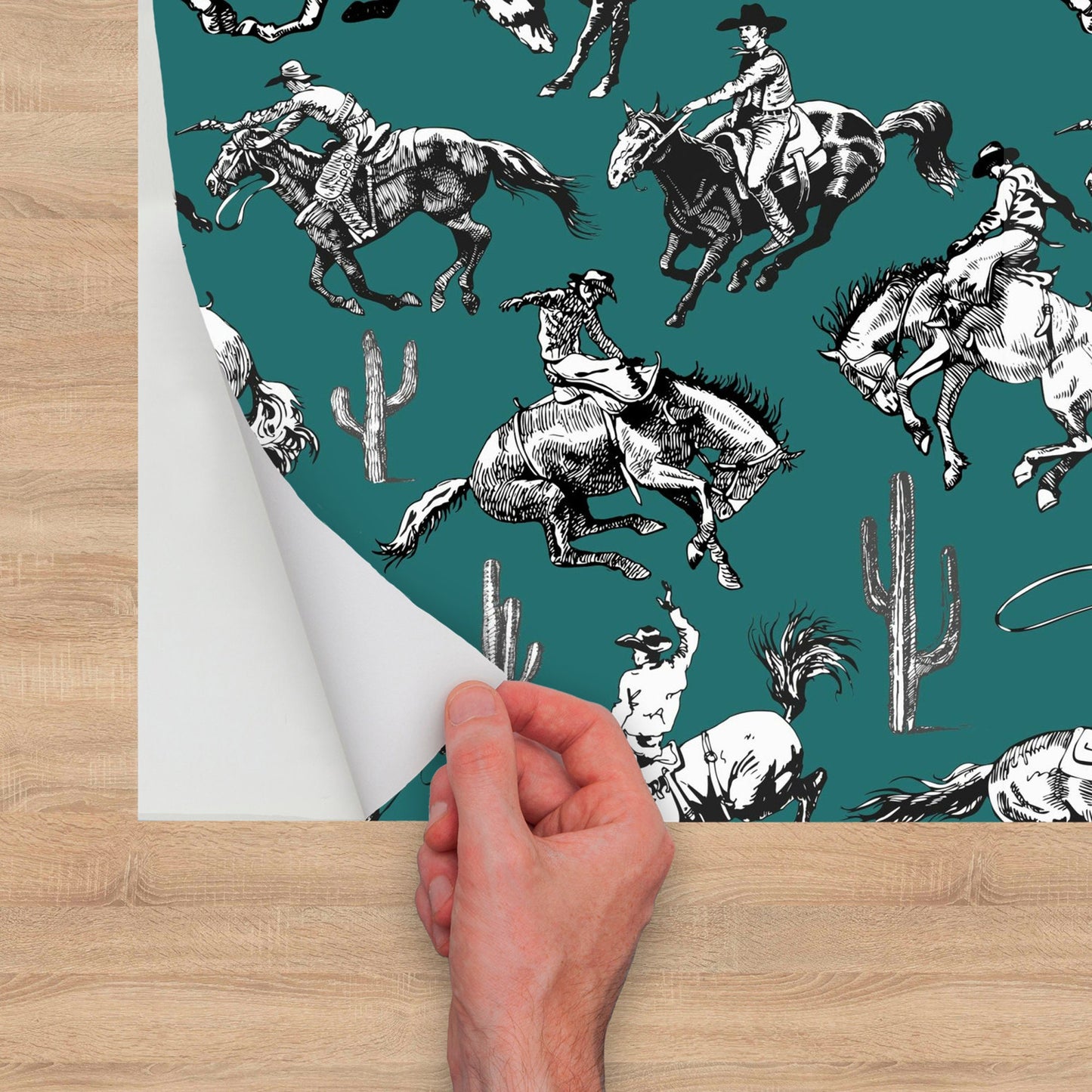 Teal Wallpaper with Western Cowboy