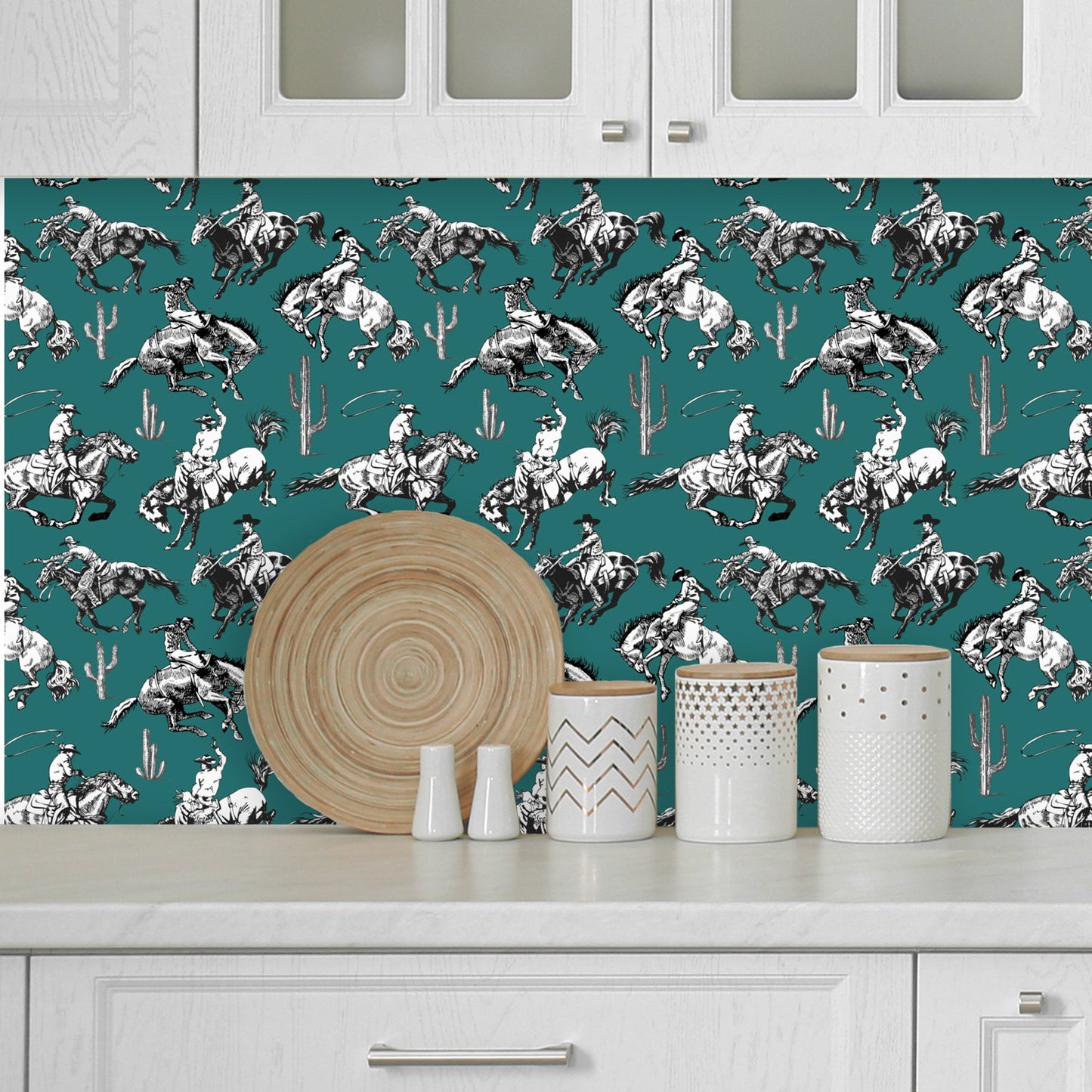 Teal Wallpaper with Western Cowboy