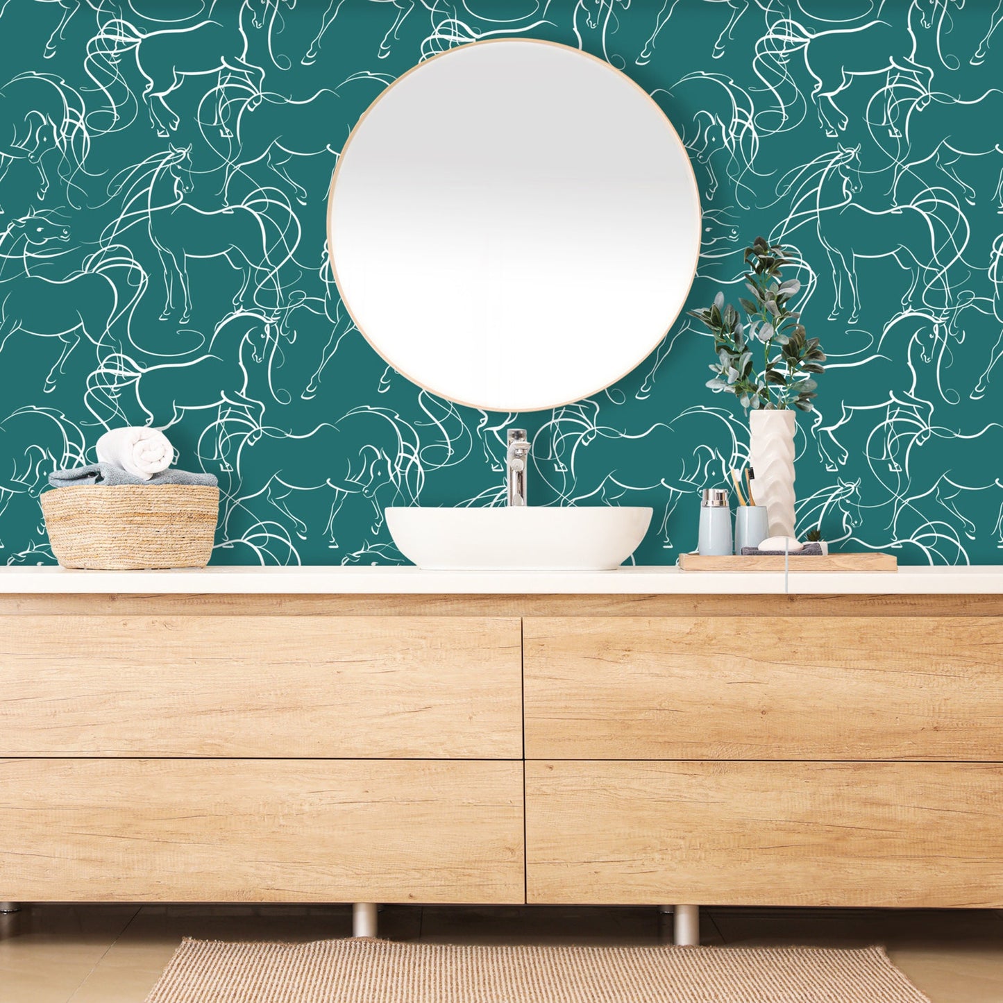 White Horse on Teal Peel and Stick Wallpaper