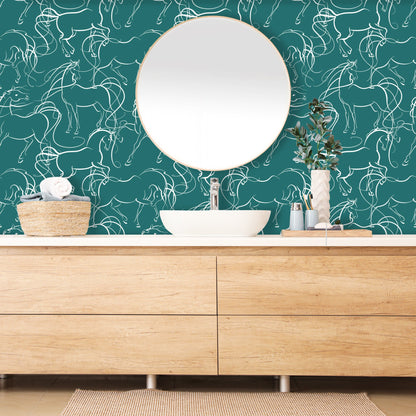 White Horse on Teal Peel and Stick Wallpaper