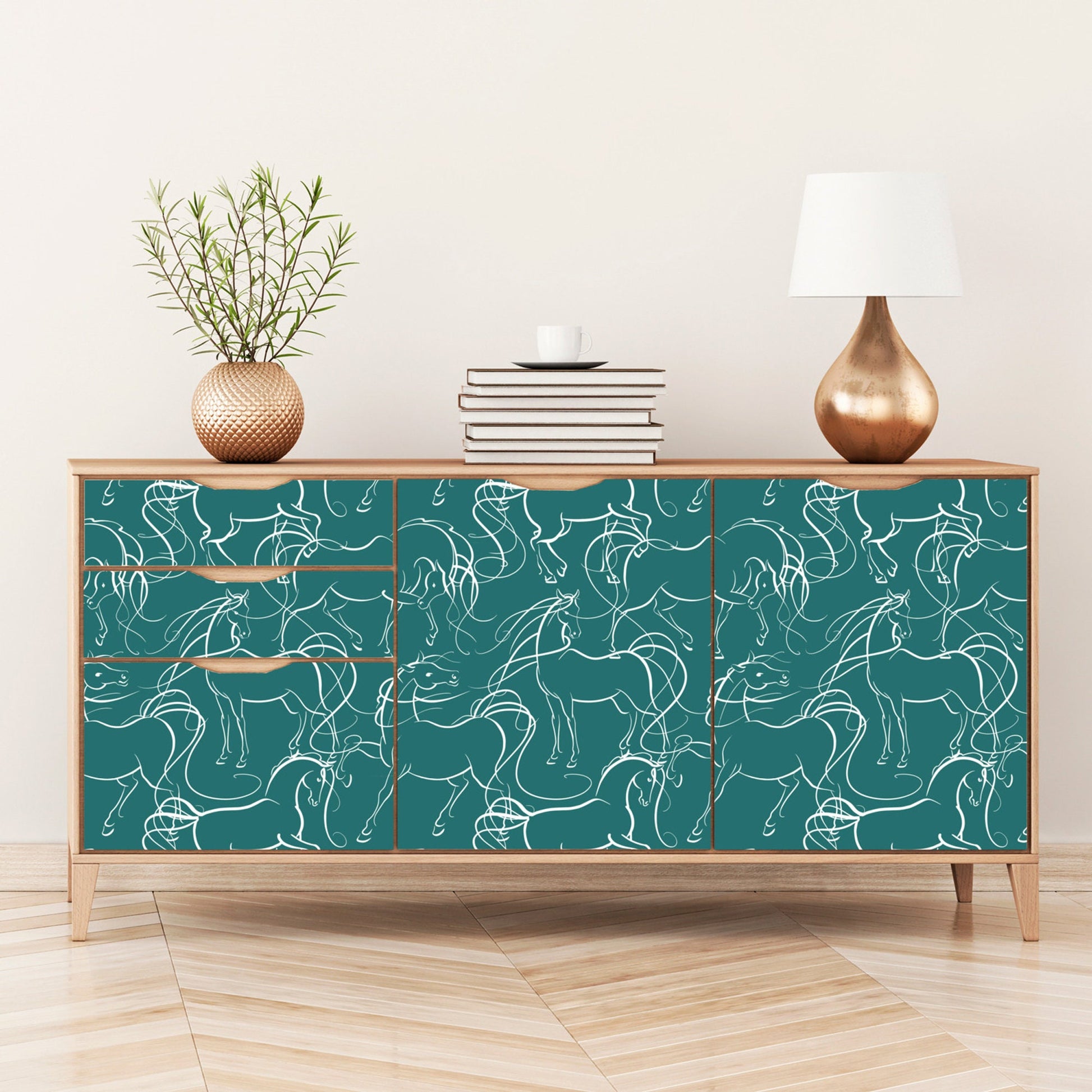 White Horse on Teal Peel and Stick Wallpaper