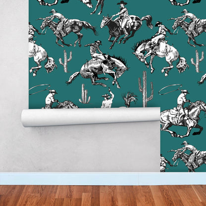 Teal Wallpaper with Western Cowboy