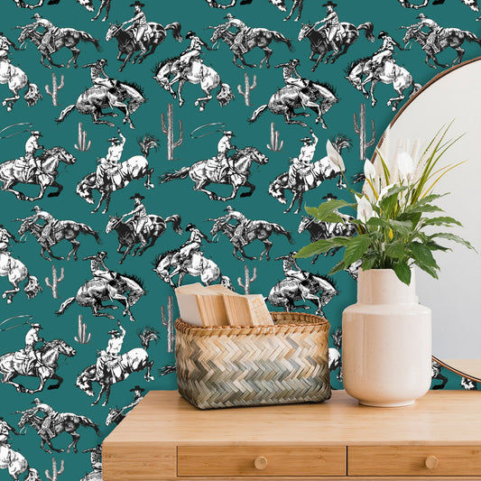 Teal Wallpaper with Western Cowboy