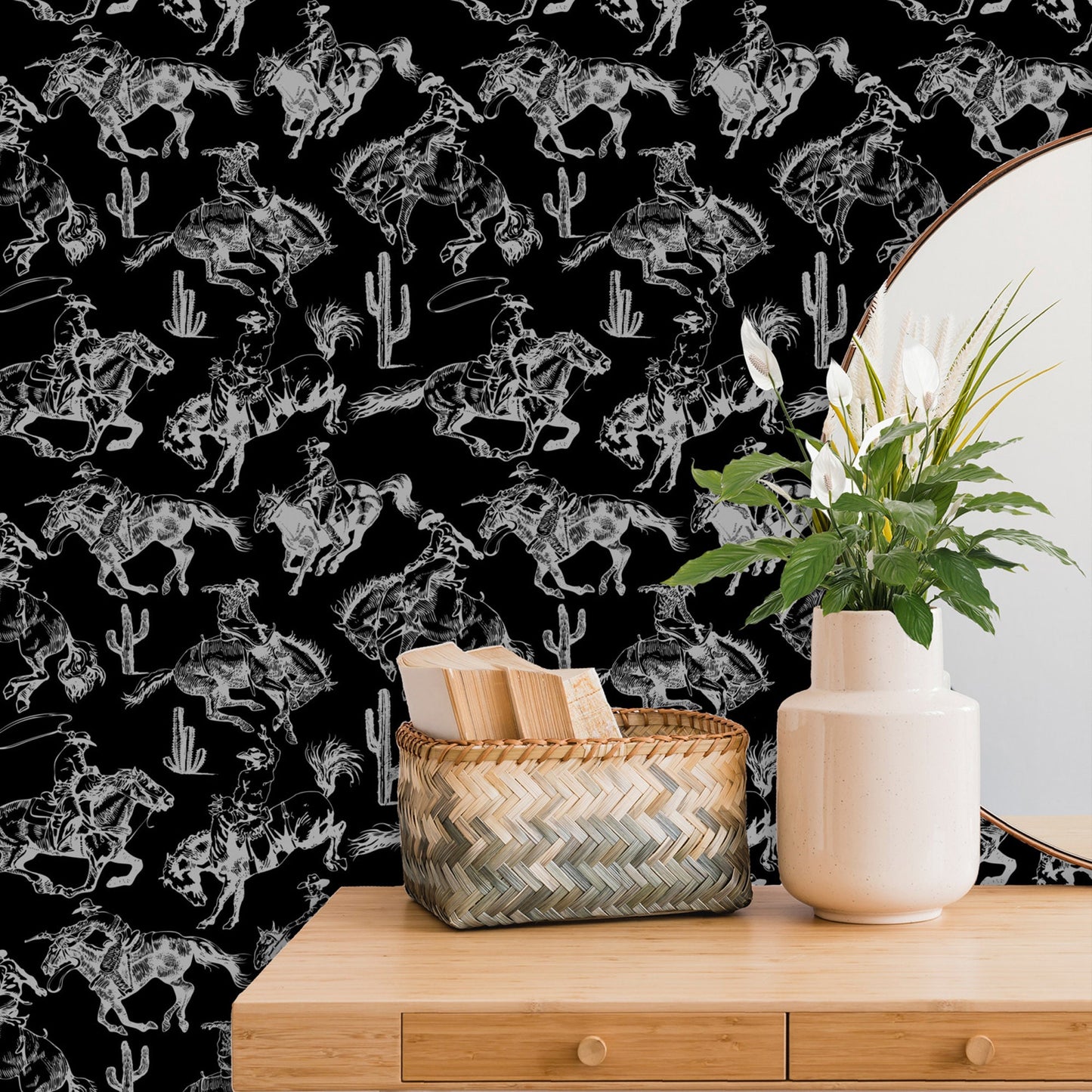 Black Removable Wallpaper with Cowboy