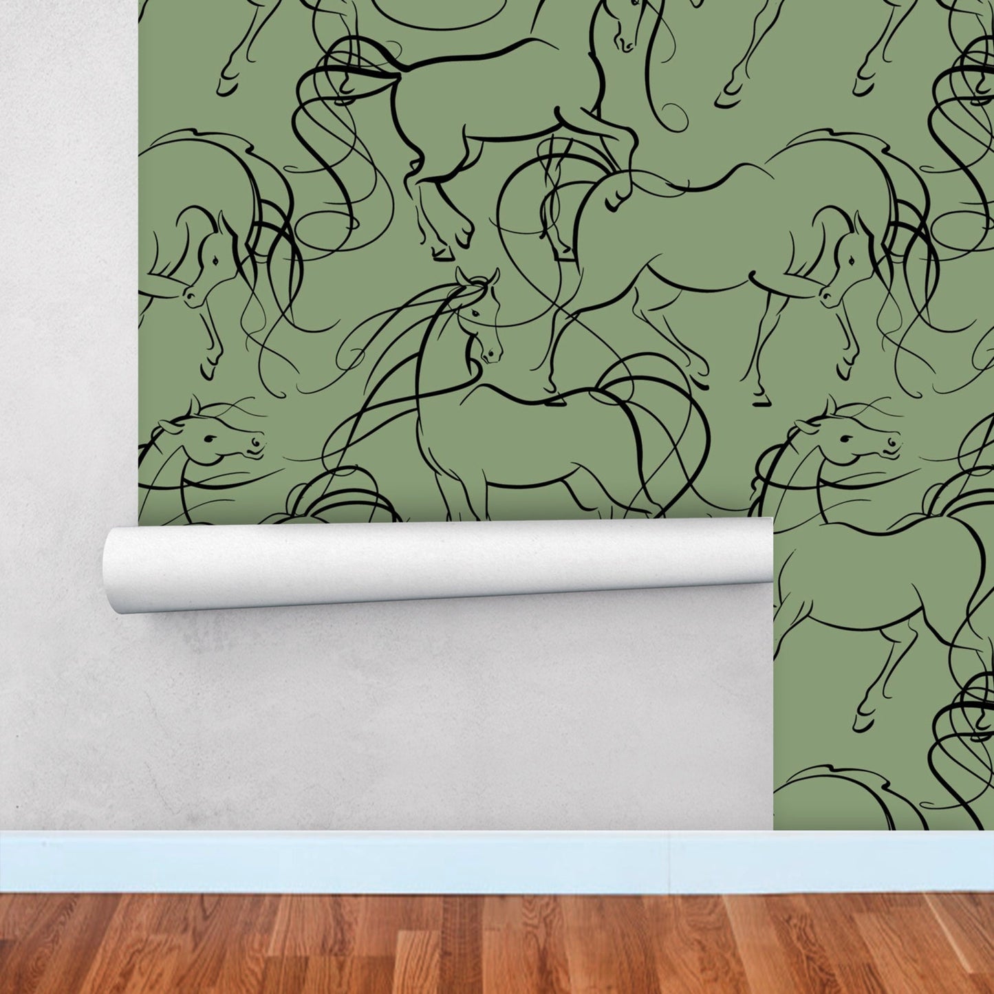 Sage Green Wallpaper with Horses