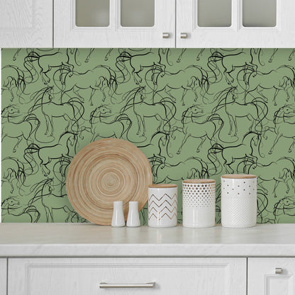 Sage Green Wallpaper with Horses