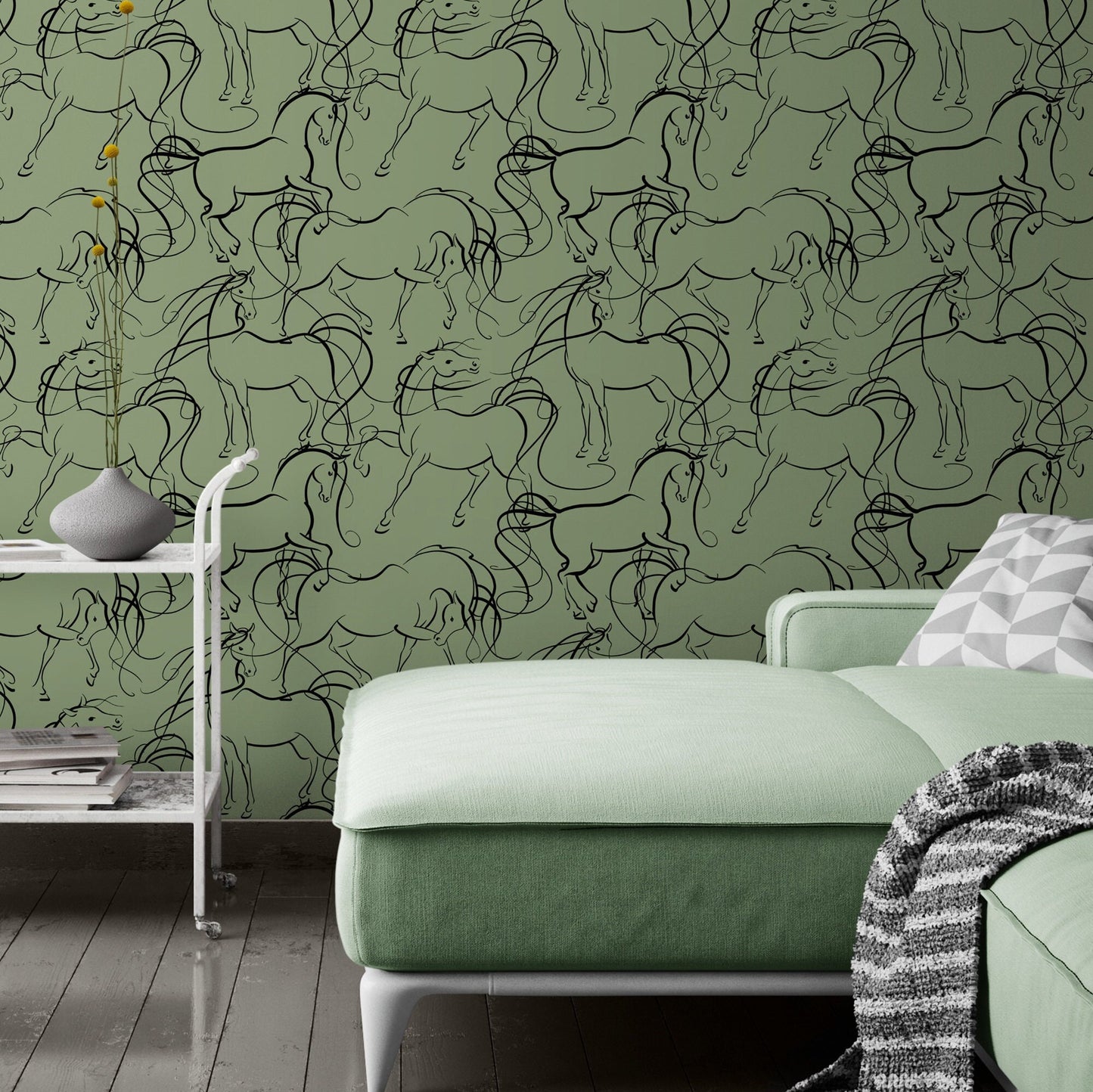 Sage Green Wallpaper with Horses