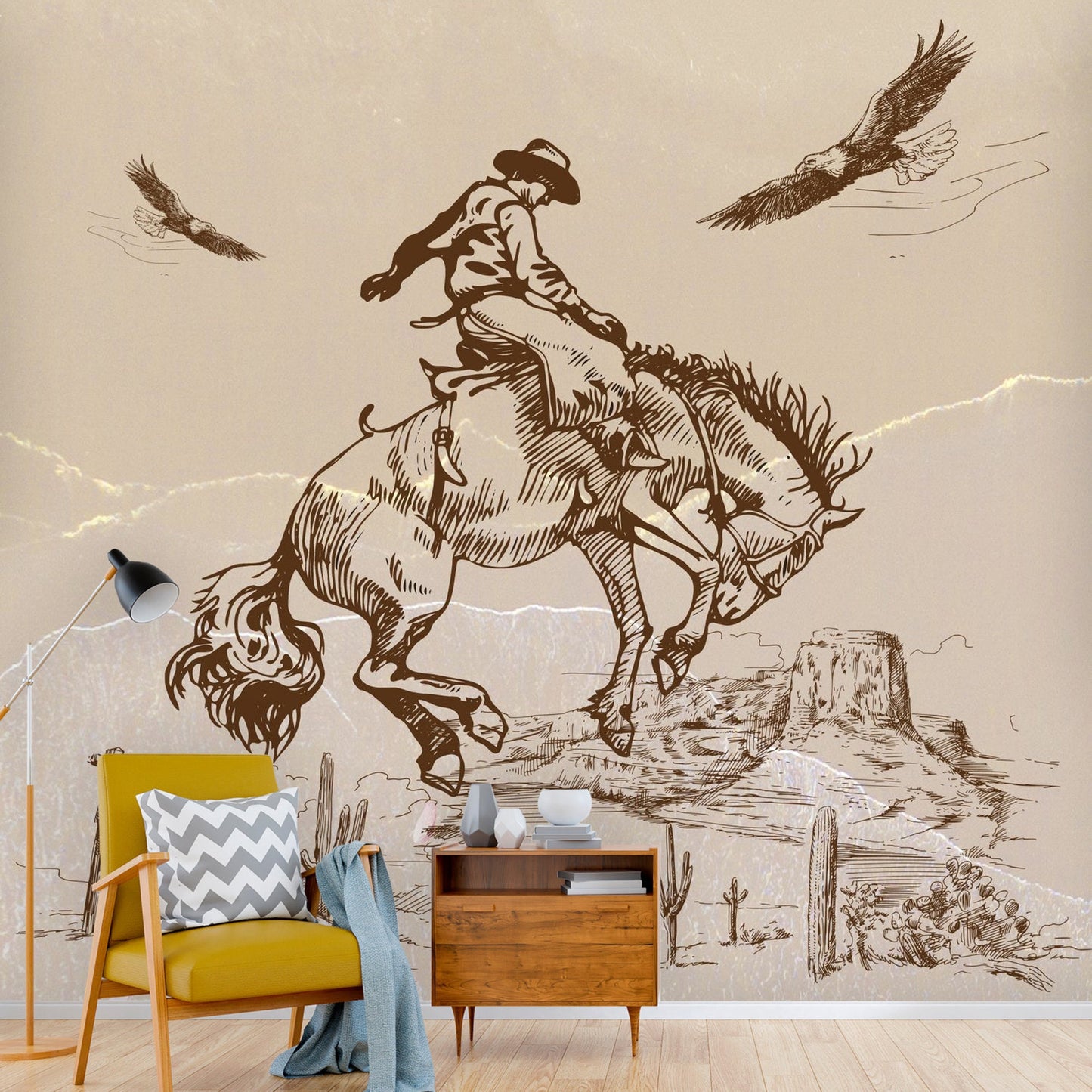 Desert Wall Mural with Cowboy