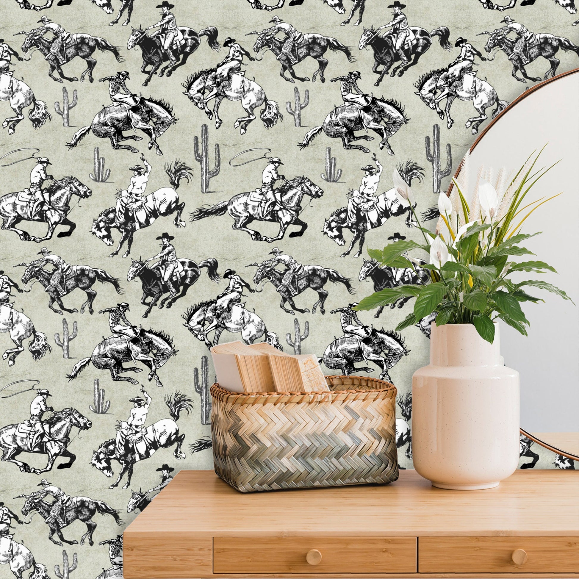 Gray Peel And Stick Wallpaper with Cowboy