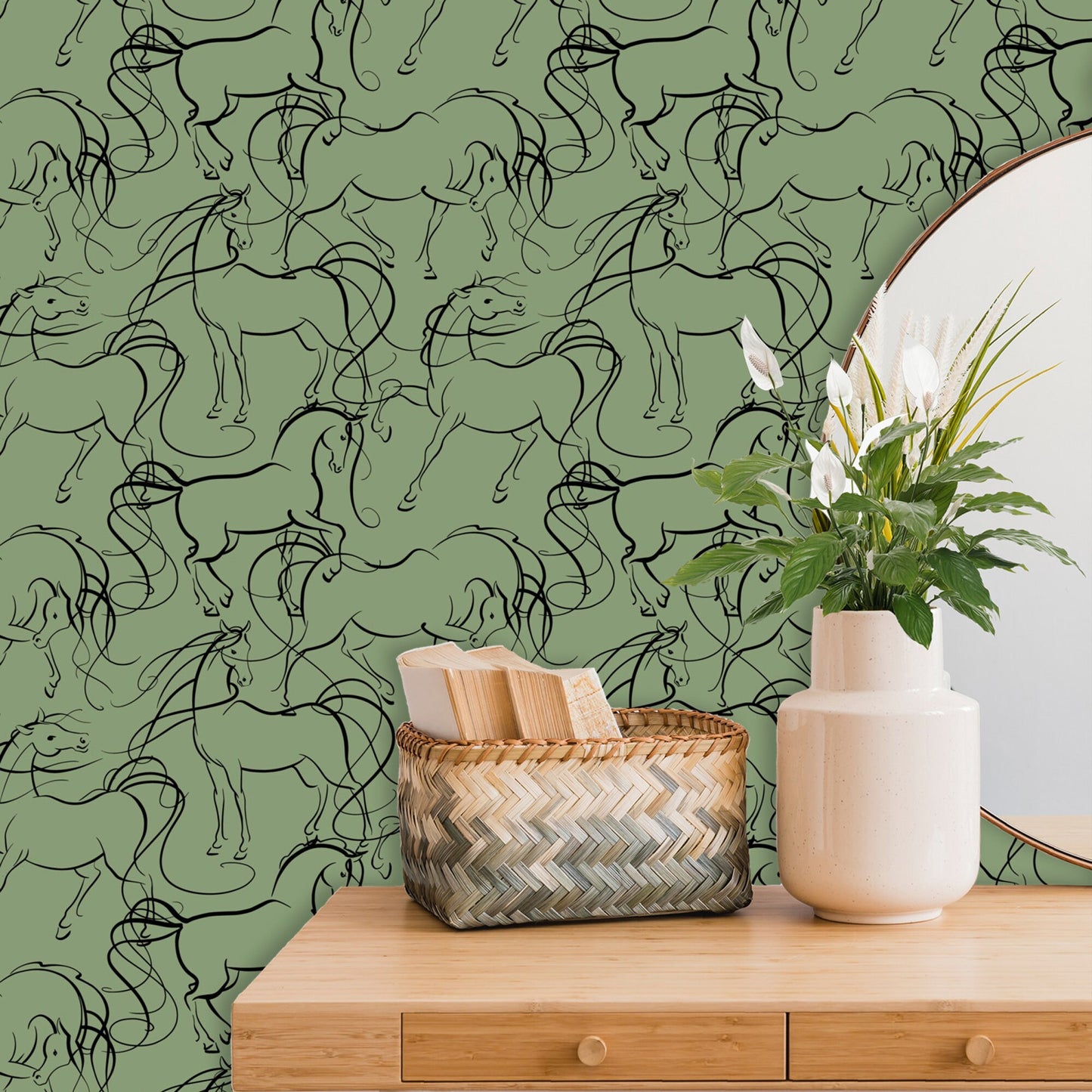 Sage Green Wallpaper with Horses