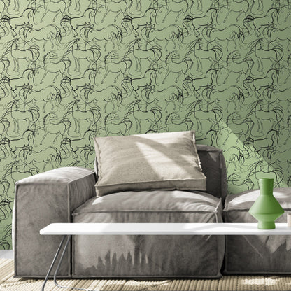 Sage Green Wallpaper with Horses