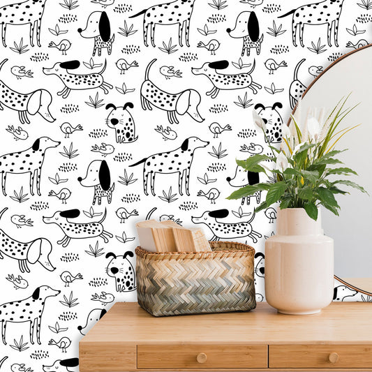 Black & White Jolly Dogs Fun Peel and Stick Wallpaper