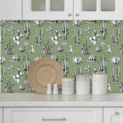 Green Wallpaper with Cactus Print