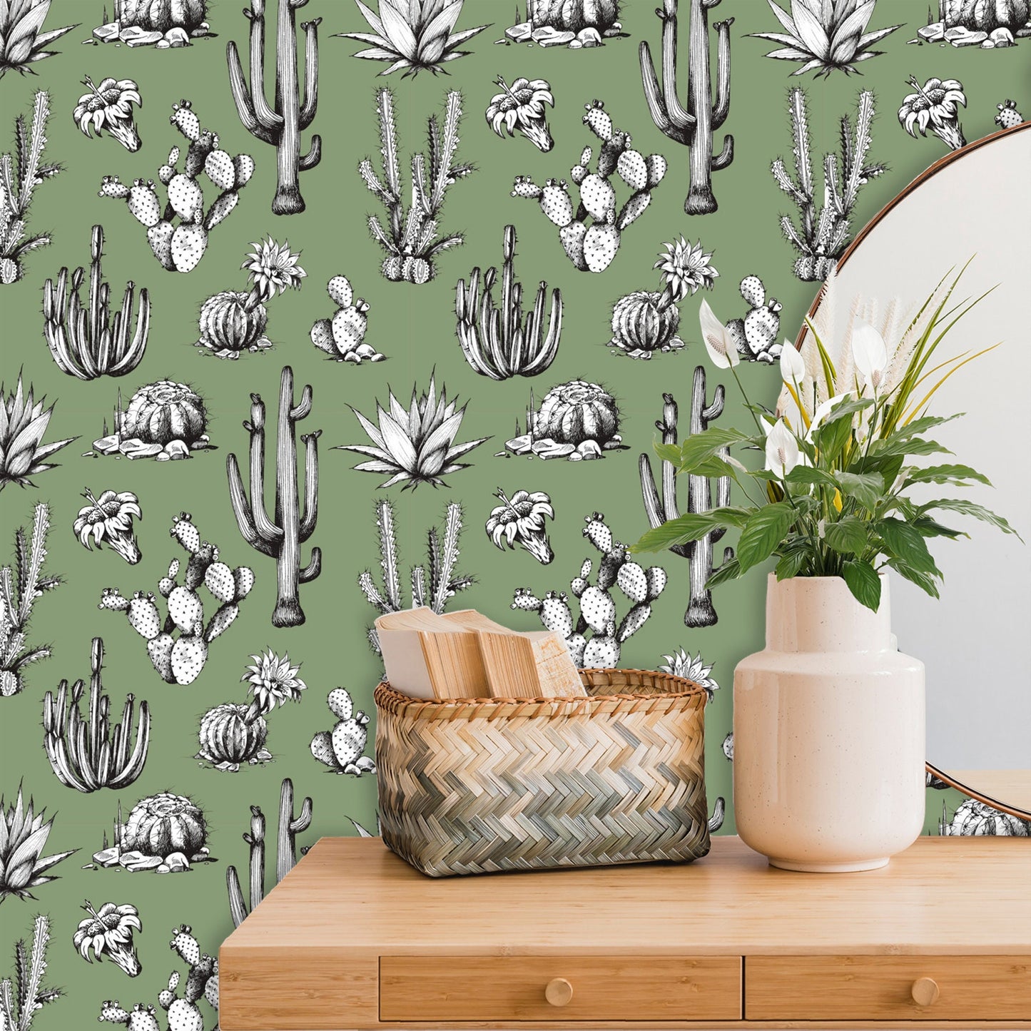 Green Wallpaper with Cactus Print