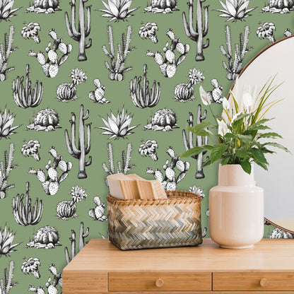 Green Wallpaper with Cactus Print