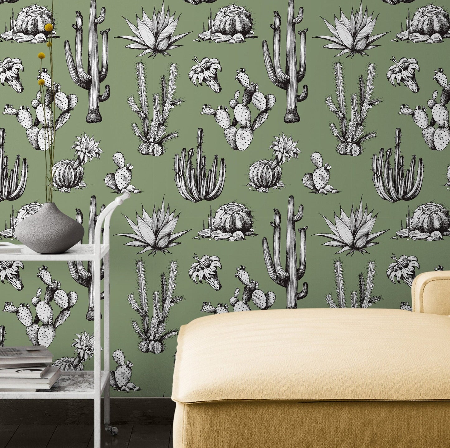 Green Wallpaper with Cactus Print