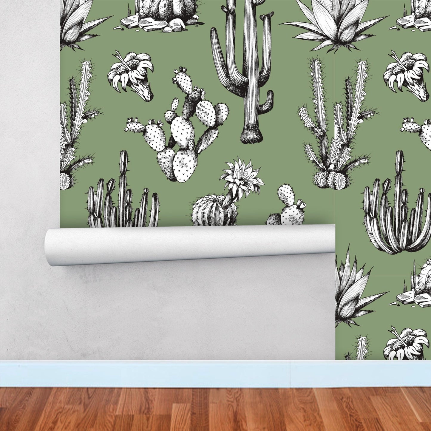 Green Wallpaper with Cactus Print