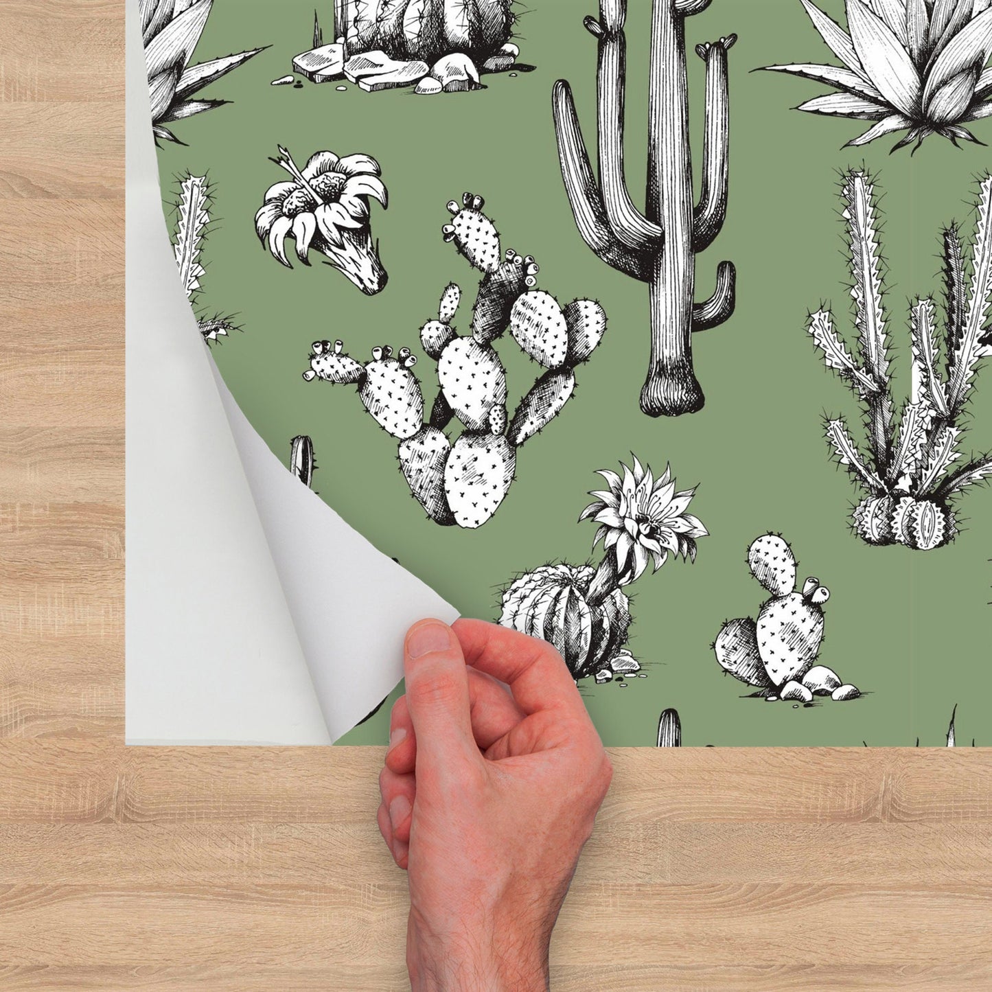 Green Wallpaper with Cactus Print