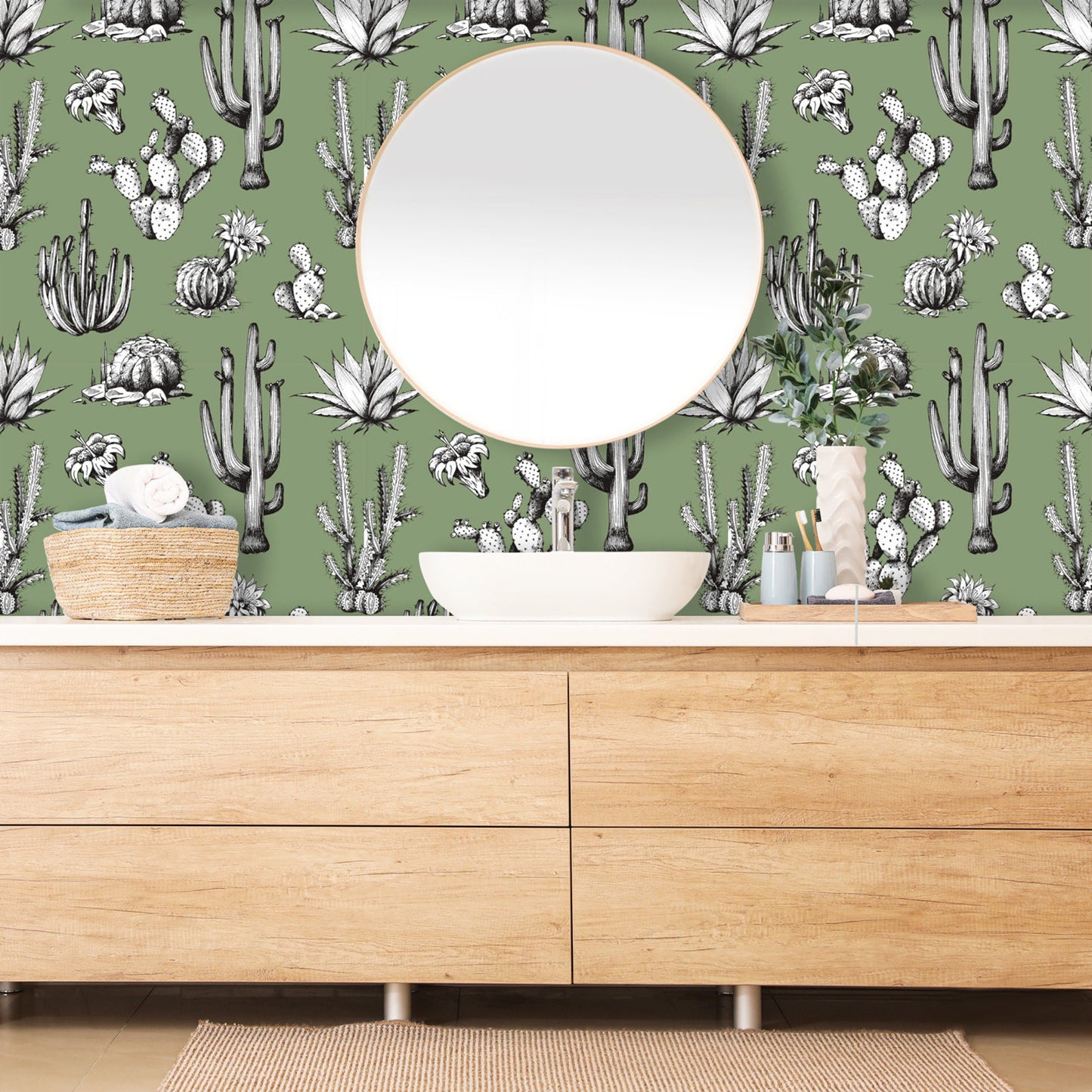 Green Wallpaper with Cactus Print