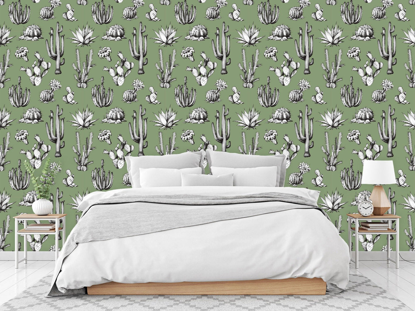 Green Wallpaper with Cactus Print