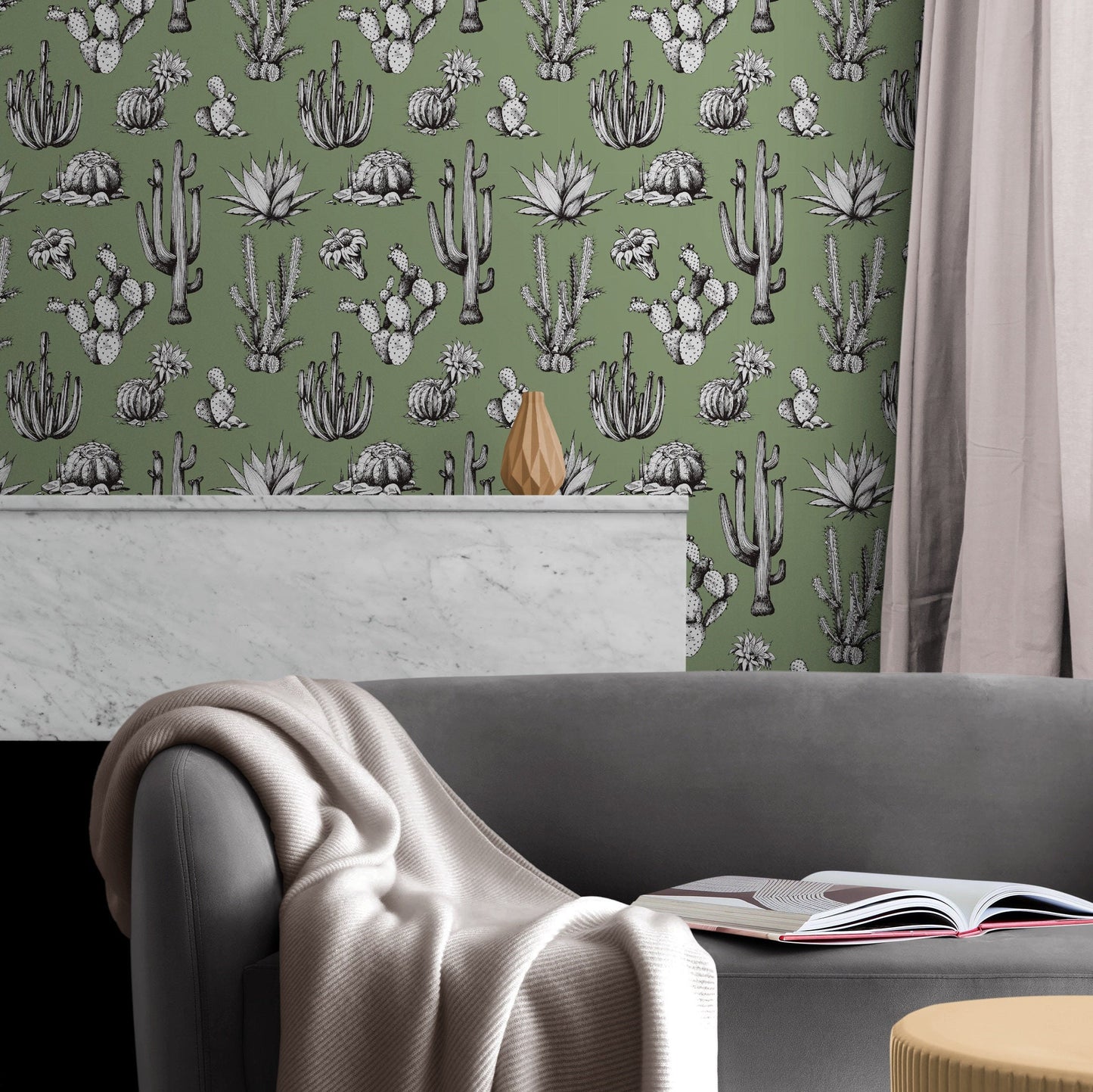 Green Wallpaper with Cactus Print