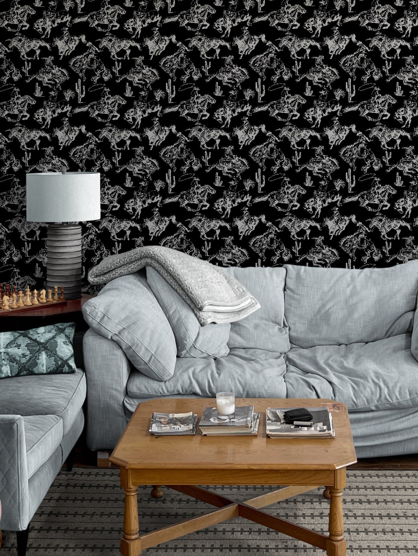 Black Wallpaper with White Horses