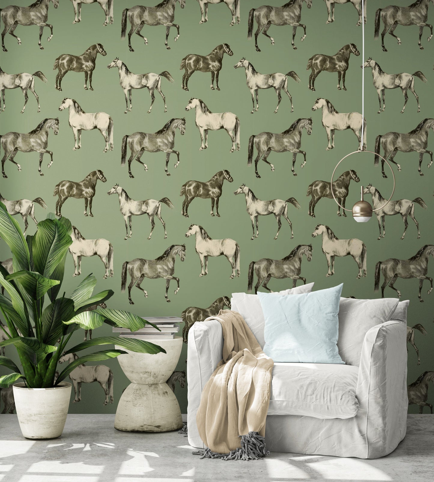 Sage Green Wallpaper with Horse