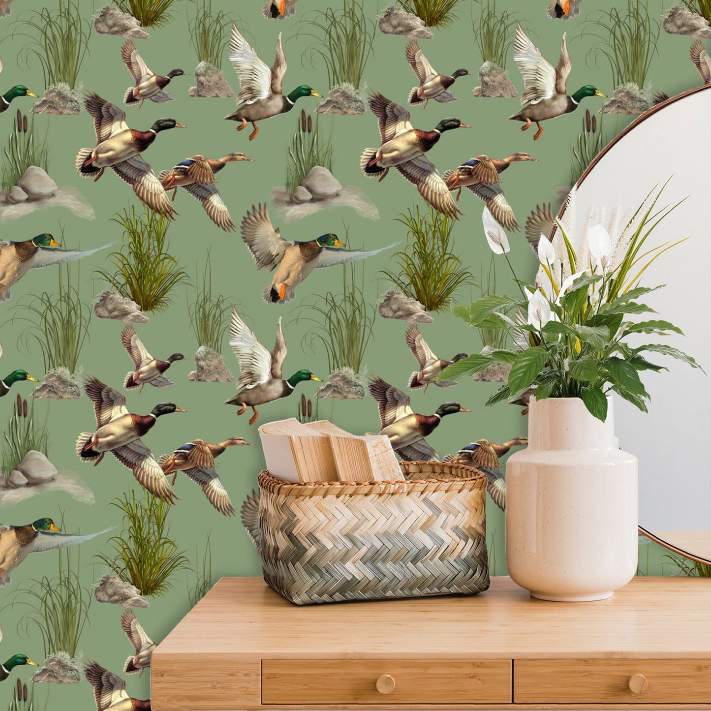 Green Wallpaper with Duck