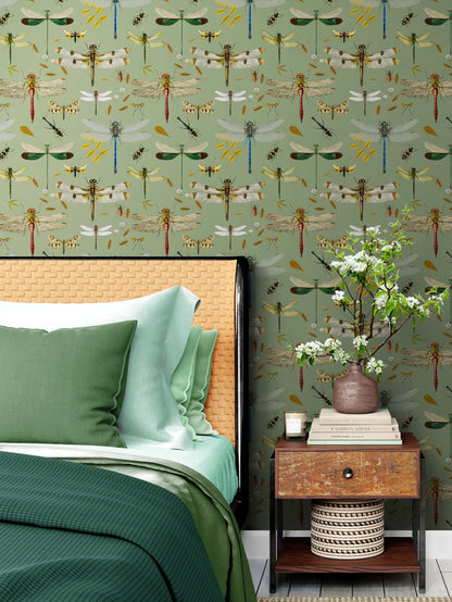 Green Wallpaper with Dragonfly