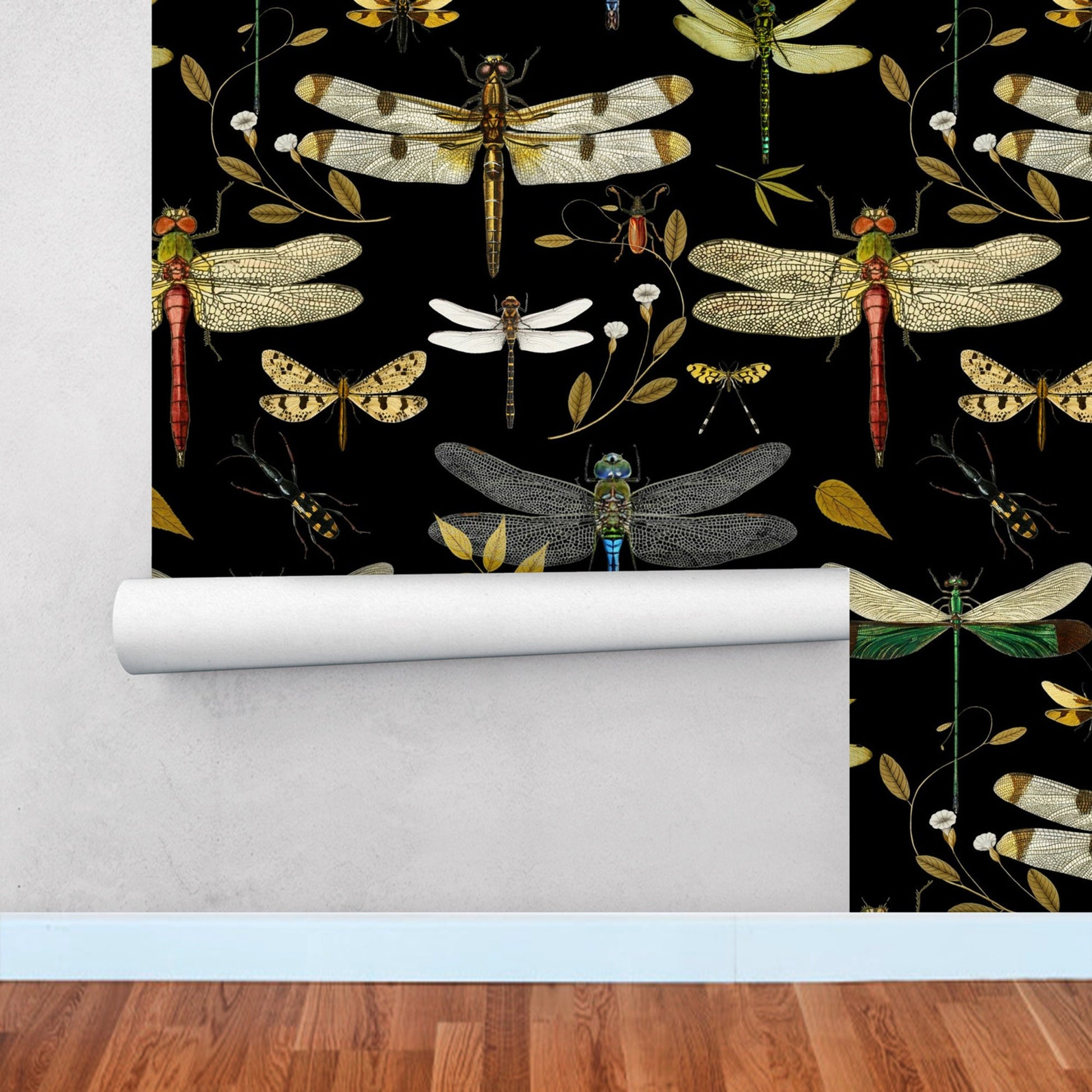 Black Wallpaper Peel and Stick with Dragonflies