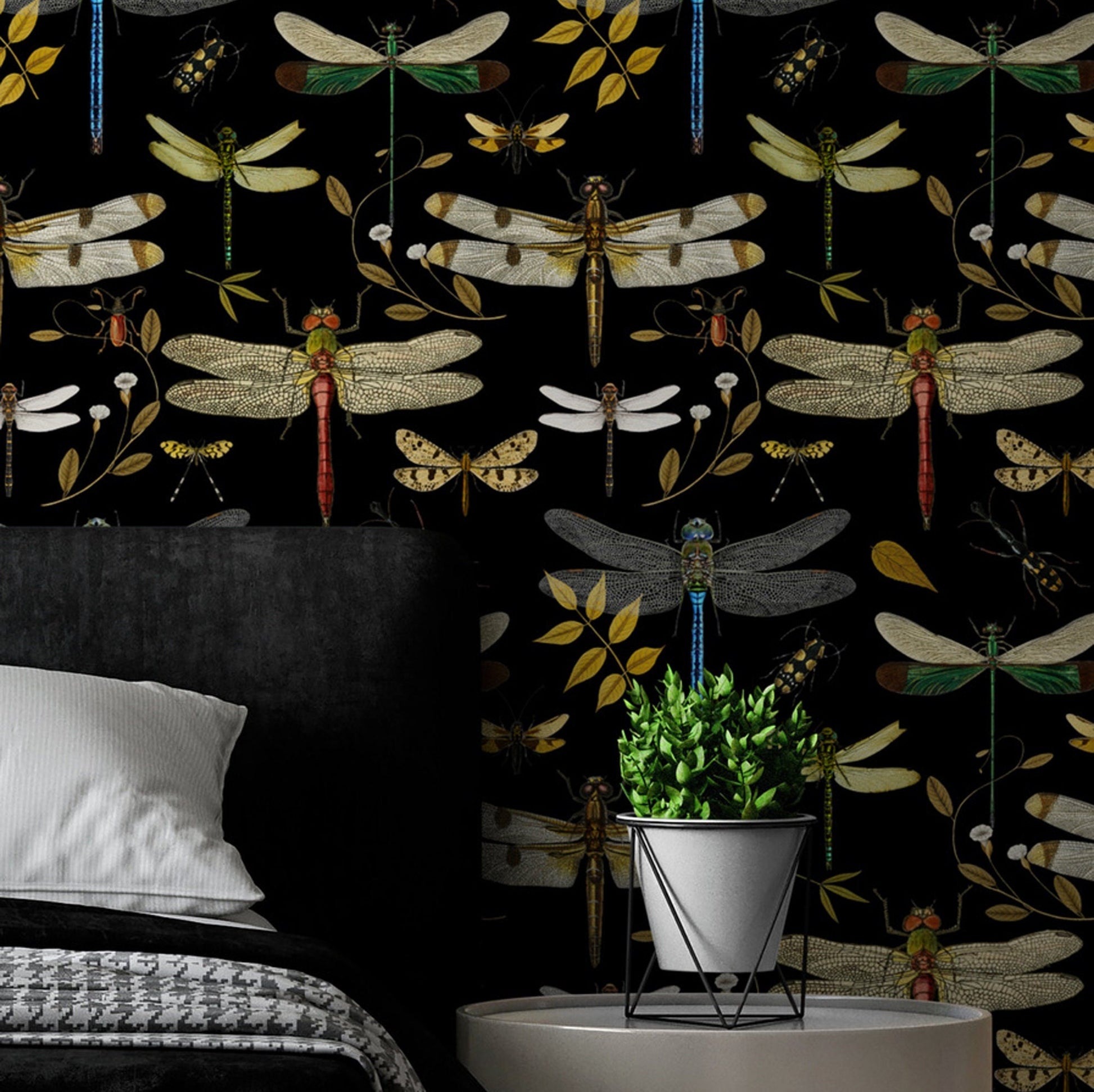 Black Wallpaper Peel and Stick with Dragonflies