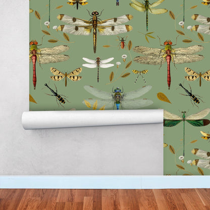 Green Wallpaper with Dragonfly