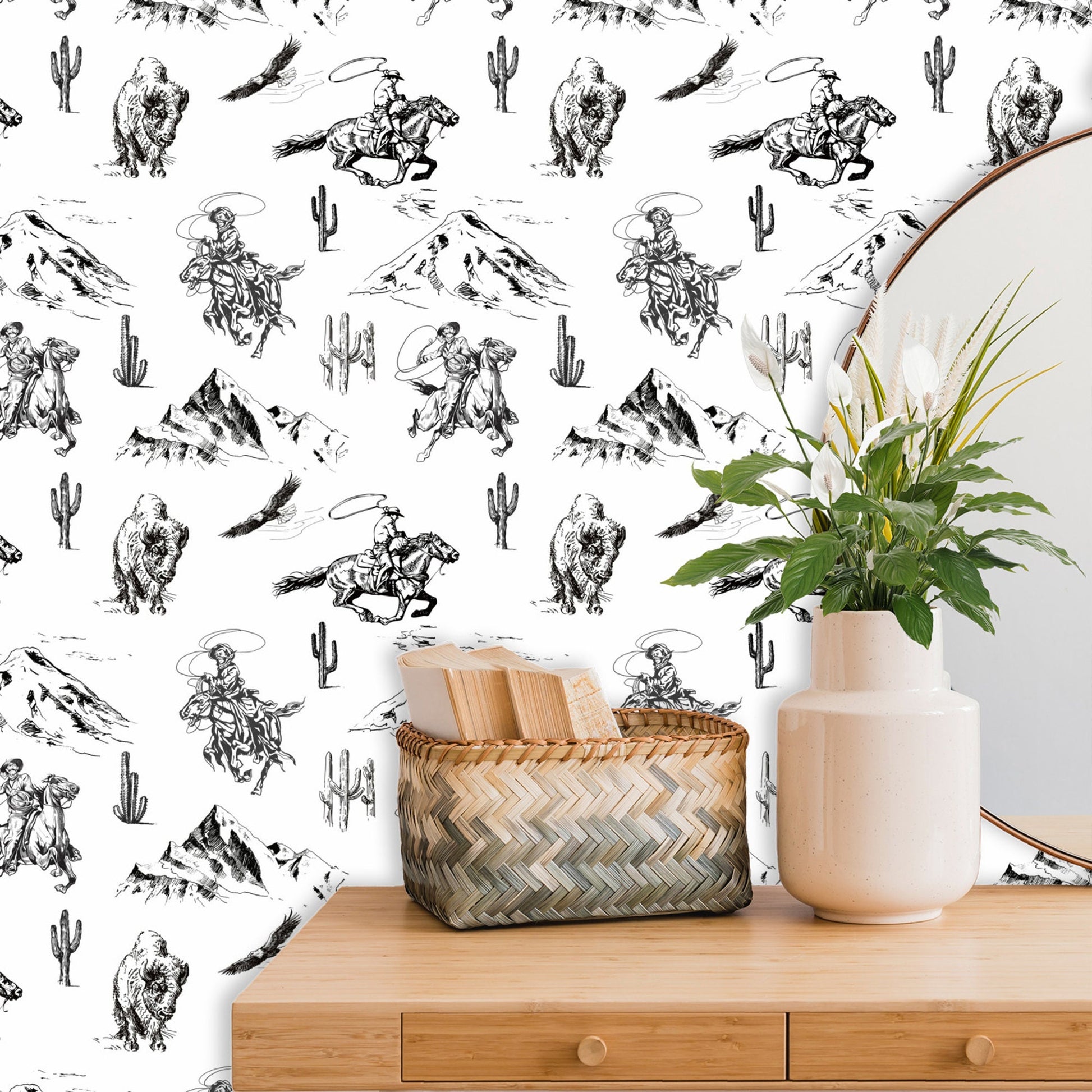 Western Cowboy & Bison, Black and White Peel and Stick Wallpaper