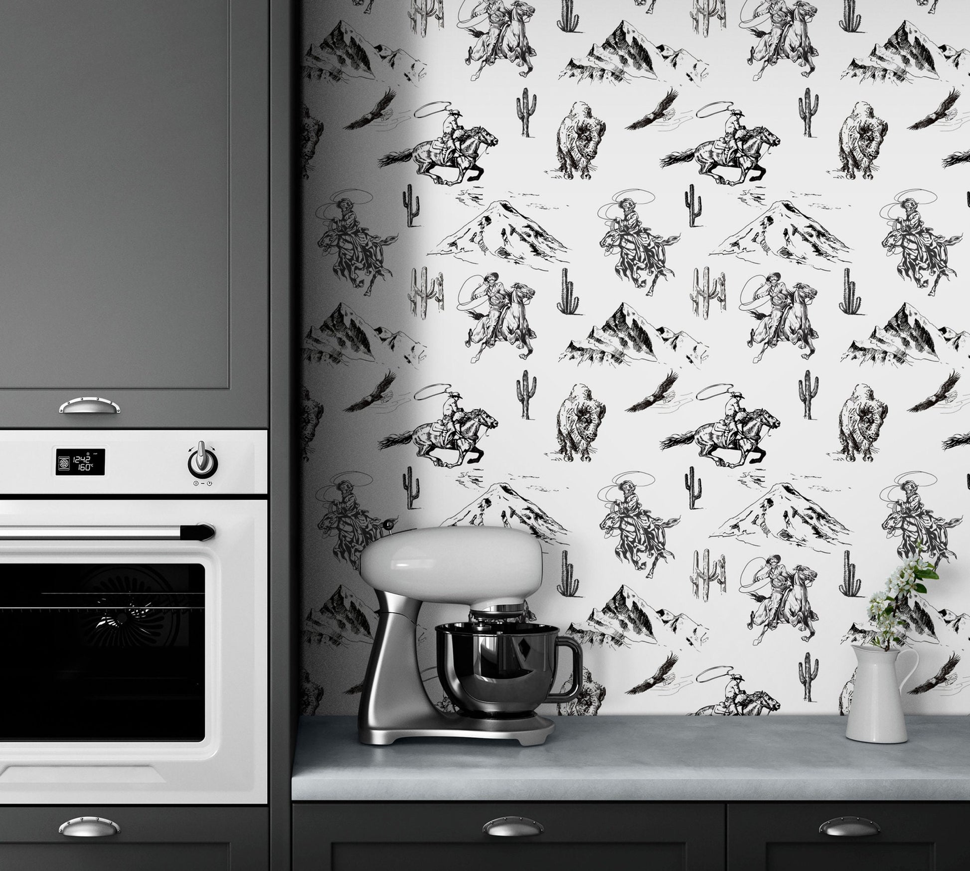 Western Cowboy & Bison, Black and White Peel and Stick Wallpaper