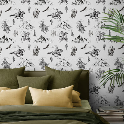 Western Cowboy & Bison, Black and White Peel and Stick Wallpaper