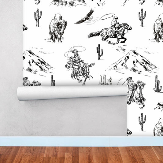 Bison and Cowboy Traditional Wallpaper