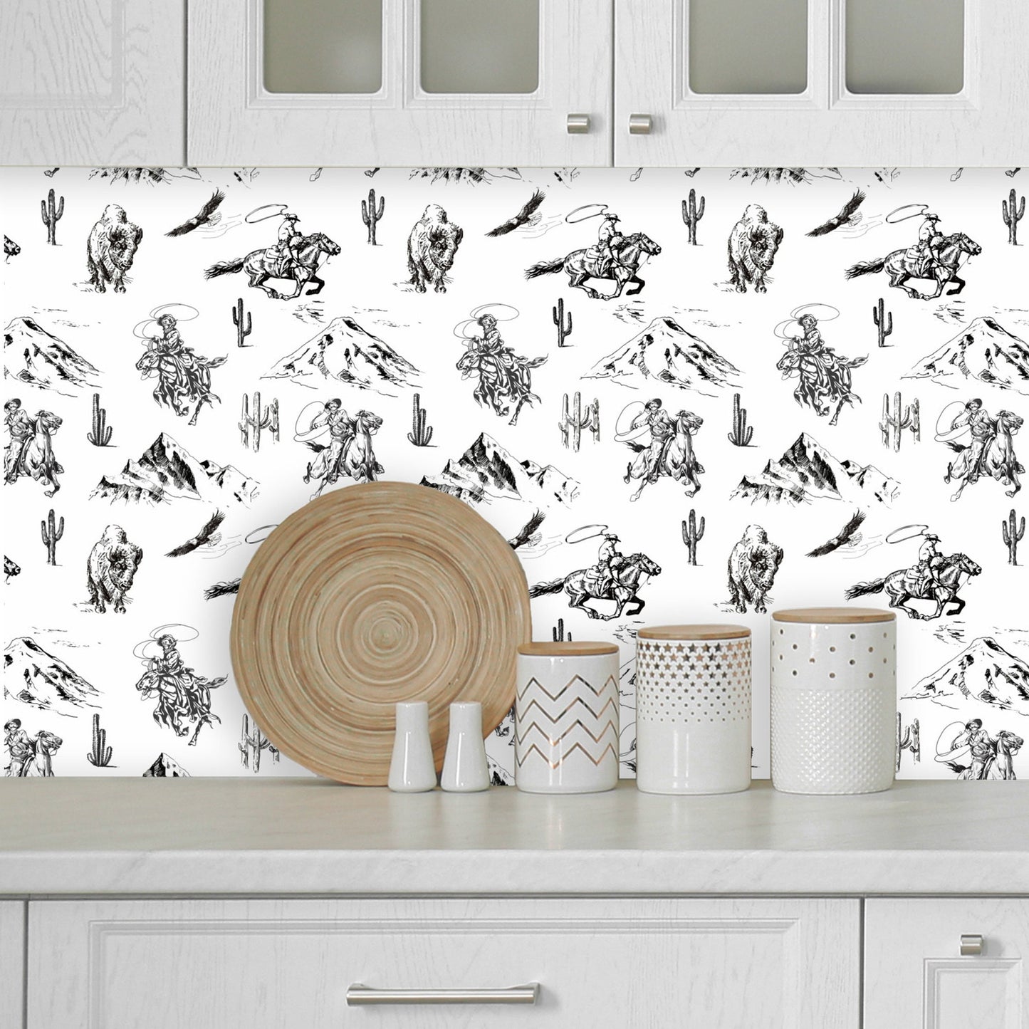 Western Cowboy & Bison, Black and White Peel and Stick Wallpaper